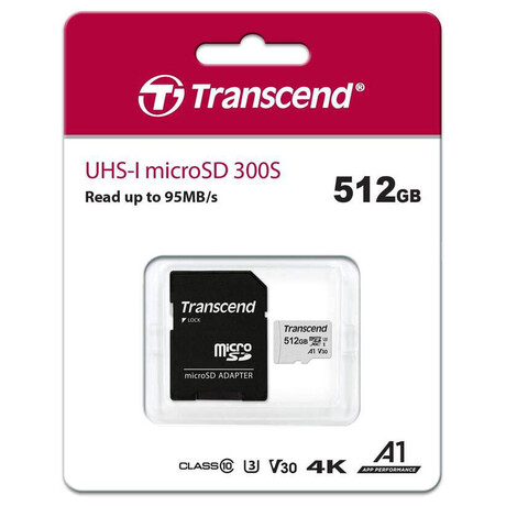 Transcend 512GB microSDXC 300S UHS-I U3 V30 A1 (Class 10) pamov karta (s adaptrem), 95MB/s R, 40MB/s W (TS512GUSD300S-A)