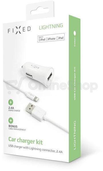 Set autonabíječky FIXED s USB výstupem a USB/Lightning kabelu, 1 metr, MFI certifikace, 12W, bílá