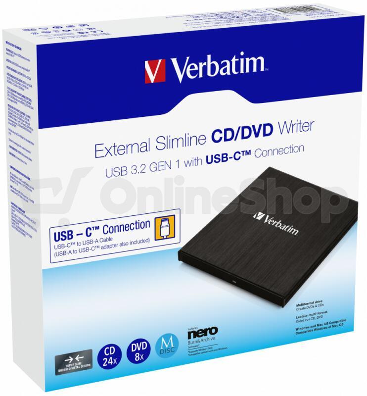 VERBATIM externí mechanika DVD-RW Rewriter USB-C, černá + NERO (43886)
