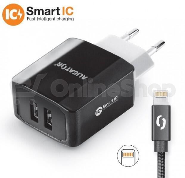 Nabíječka ALIGATOR CHS0001 3.4A, 2xUSB, smart IC, černá, USB kabel pro iPhone/iPad 2A