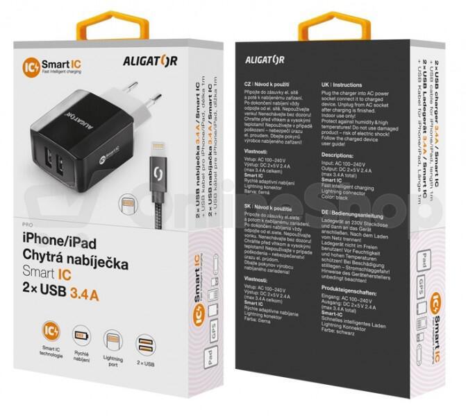 Nabíječka ALIGATOR CHS0001 3.4A, 2xUSB, smart IC, černá, USB kabel pro iPhone/iPad 2A