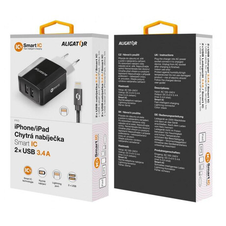 Aligator CHS0001 3.4A, 2xUSB, smart IC, černá, USB kabel pro iPhone/iPad 2A (foto 6)