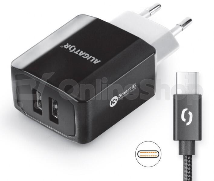 Nabíječka ALIGATOR CHS0004 3.4A, 2xUSB, smart IC, černá, USB-C kabel 2A