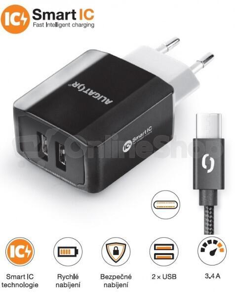 Nabíječka ALIGATOR CHS0004 3.4A, 2xUSB, smart IC, černá, USB-C kabel 2A