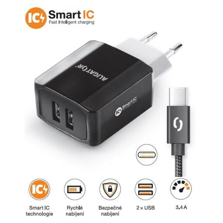 Aligator CHS0004 3.4A, 2xUSB, smart IC, černá, USB-C kabel 2A (foto 5)