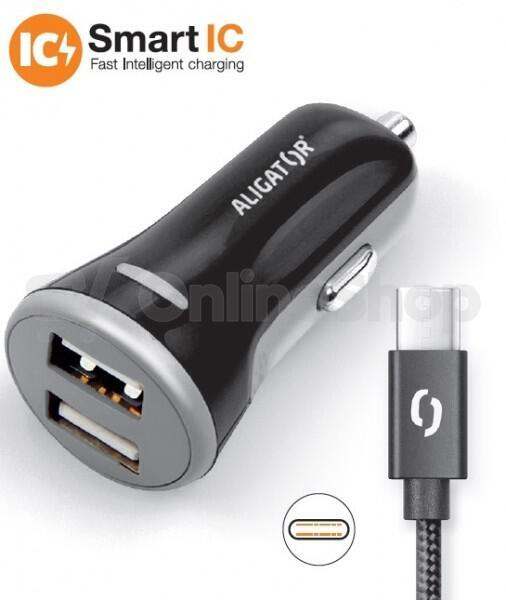 Nabíječka ALIGATOR CHS0008 do auta 3.4A, 2xUSB, smart IC, černá, USB-C kabel