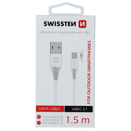 DATOVÝ KABEL SWISSTEN USB / USB-C BÍLÝ 1,5 M (9mm)