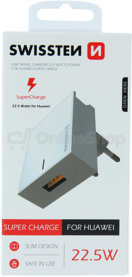 SWISSTEN SÍŤOVÝ ADAPTÉR 1x USB-A 22,5W, SUPER CHARGE BÍLÝ