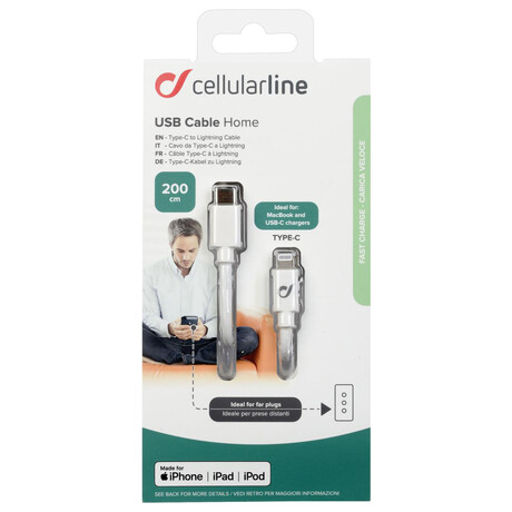 USB-C datový kabel CellularLine s konektorem Lightning, 200 cm, bílý