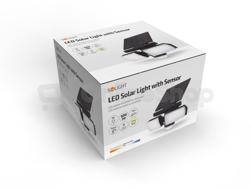 Solight LED solární osvětlení se senzorem, 8W, 600lm, Li-on, černá