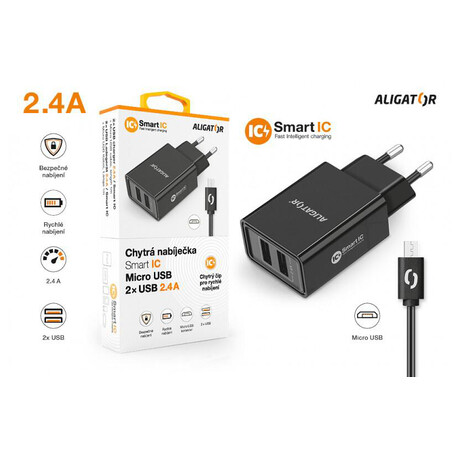 Aligator CD ALI MicroUSB 2xUSB výst. 2,4A, smart IC, černá