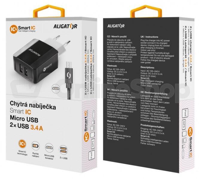 Aligator CD ALI MicroUSB 2xUSB výst. 3.4A, smart IC, černá