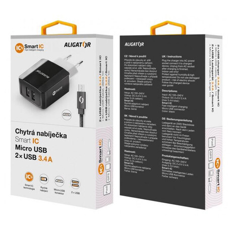 Aligator 3.4A, 2xUSB, smart IC, černá, micro USB kabel 2A (foto 6)
