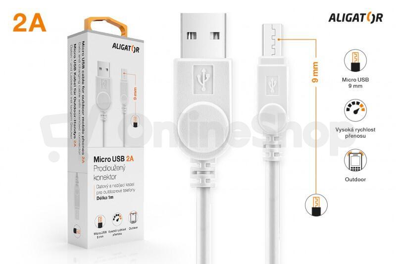 Datový kabel ALIGATOR pro outdoorové telefony, microUSB 2A, bílý, krabička