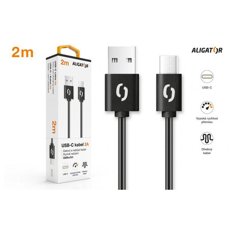 Datový kabel ALIGATOR 2A USB-C 2m, černý