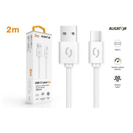 Datový kabel ALIGATOR 2A USB-C 2m, bílý