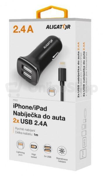Nabíječka do auta ALIGATOR pro iPhone s 2xUSB výstupem 2.4A, Turbo charge, černá