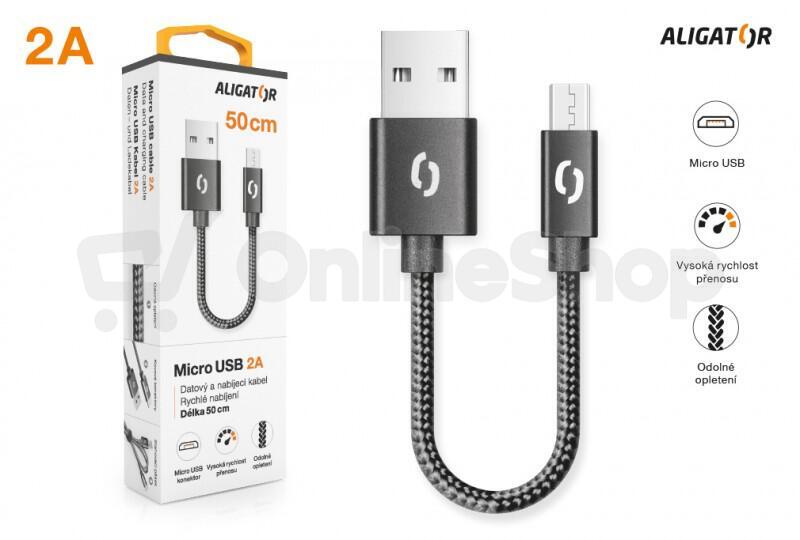 Datový kabel ALIGATOR PREMIUM 2A, Micro USB 50cm černý
