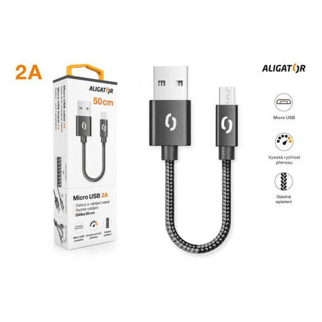Datový kabel ALIGATOR PREMIUM 2A, Micro USB 50cm černý