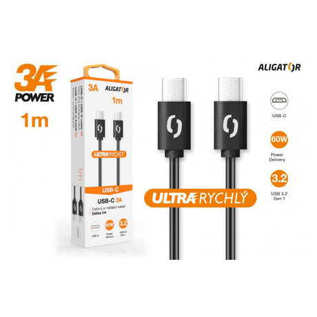 Datový kabel ALIGATOR 60W, USB-C/USB-C 3A, USB 3.2 Gen 1, rychlá data, 1m černý