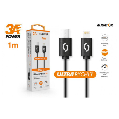 Datový kabel ALIGATOR POWER 3A, USB-C/Lightning, 1m černý