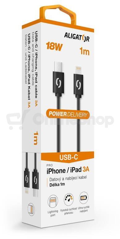 Datový kabel ALIGATOR POWER 3A, USB-C/Lightning, 1m černý