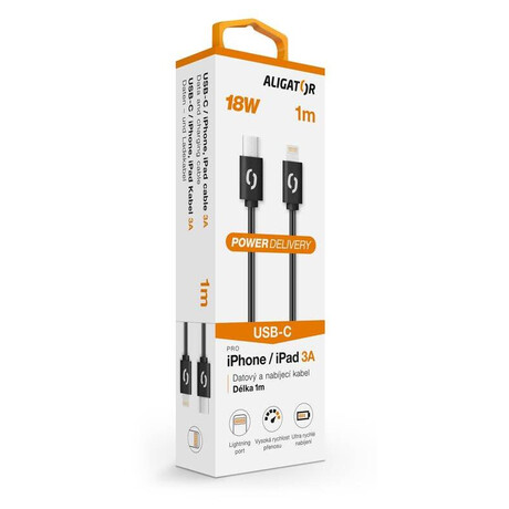 Datový kabel ALIGATOR POWER 3A, USB-C/Lightning, 1m černý
