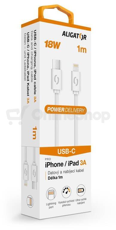 Datový kabel ALIGATOR POWER 3A, USB-C/Lightning, 1m bílý