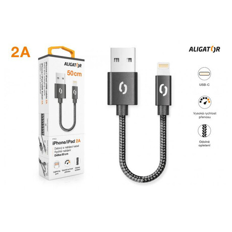 Datový kabel ALIGATOR PREMIUM 2A, USB-C 50cm černý