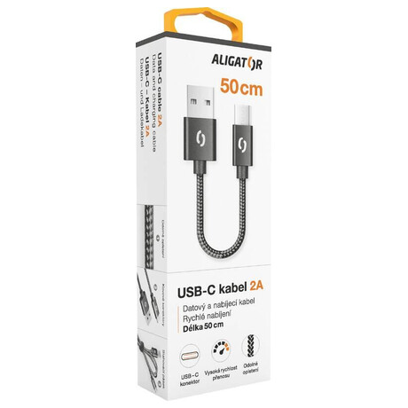 Datový kabel ALIGATOR PREMIUM 2A, USB-C 50cm černý