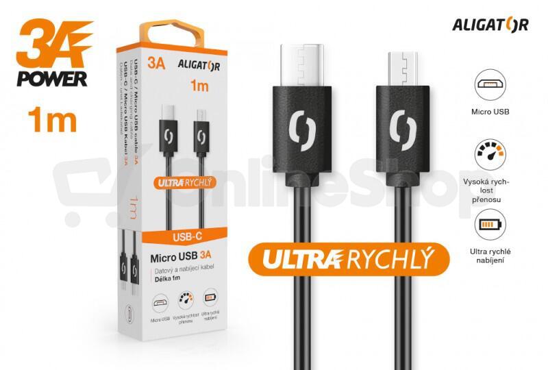 Datový kabel ALIGATOR POWER 3A, USB-C/micro USB 1m černý