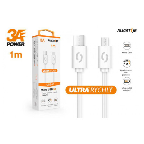 Datový kabel ALIGATOR POWER 3A, USB-C/micro USB 1m bílý