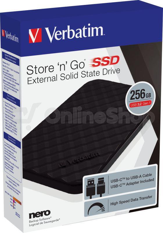 Verbatim Store 'n' Go, externi SSD, GEN2, USB 3.2 gen 1, 256GB, černý (53249)
