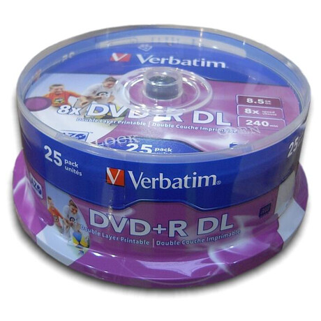 VERBATIM DVD+R(25-pack)/Spindle Double Layer 8X 8.5GB Inkjet Printable (43667)