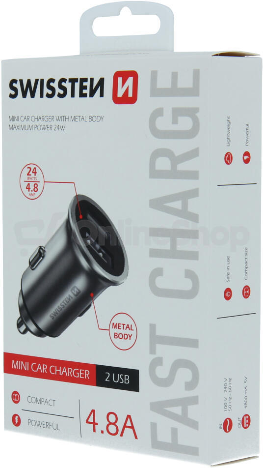 SWISSTEN CL ADAPTÉR 2x USB 4,8A METAL STŘÍBRNÝ