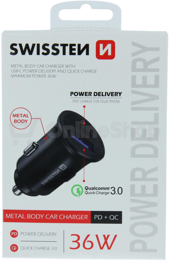 SWISSTEN CL ADAPTÉR POWER DELIVERY USB-C + QUICK CHARGE 3.0 36W METAL ČERNÝ