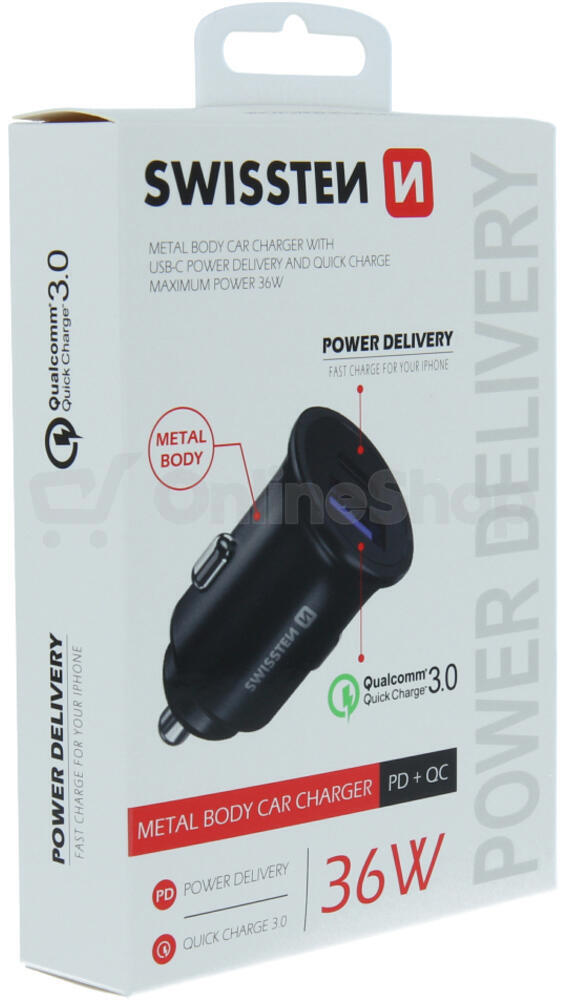 SWISSTEN CL ADAPTÉR POWER DELIVERY USB-C + QUICK CHARGE 3.0 36W METAL ČERNÝ