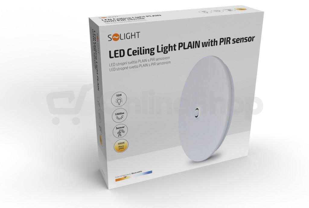 Solight LED stropní světlo PLAIN s PIR sensorem, 18W, 1260lm, 3000K, kulaté, 33cm