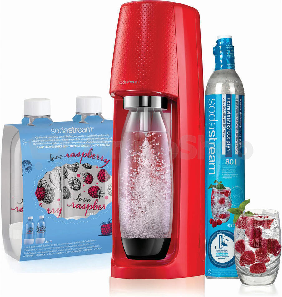 SET SodaStream Spirit Red + 2ks lahev Jet Love Raspberry + Sirup malina