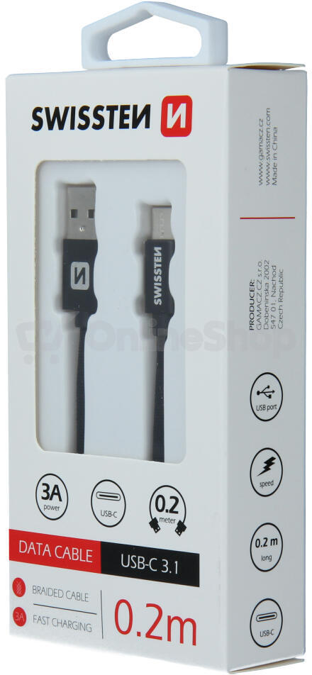 DATOVÝ KABEL SWISSTEN TEXTILE USB / USB-C 0,2 M ČERNÝ