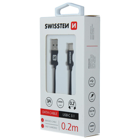 DATOVÝ KABEL SWISSTEN TEXTILE USB / USB-C 0,2 M ČERNÝ