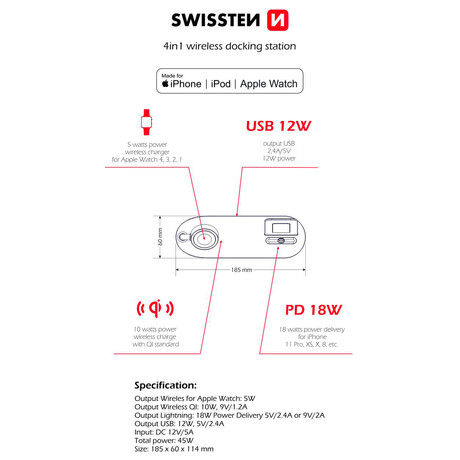 Bezdrtov nabjeka SWISSTEN 4v1 MFi (kompatibiln s MagSafe)