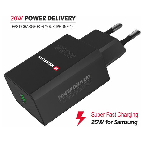 SWISSTEN SÍŤOVÝ ADAPTÉR PD 25W PRO IPHONE A SAMSUNG ČERNÝ
