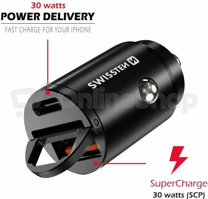 SWISSTEN CL ADAPTÉR POWER DELIVERY USB-C + SUPER CHARGE 3.0 30W NANO ČERNÝ