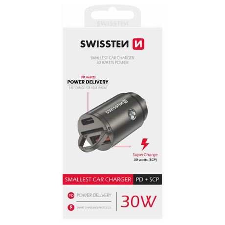 SWISSTEN CL ADAPTR POWER DELIVERY USB-C + SUPER CHARGE 3.0 30W NANO STBRN