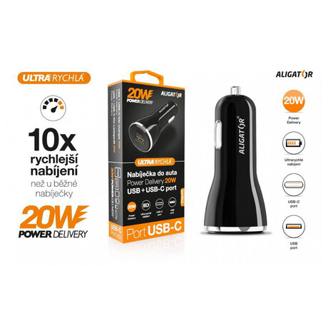 Aligator Power Delivery 20W, USB-C +&nbsp;USB-A, černá (foto 2)