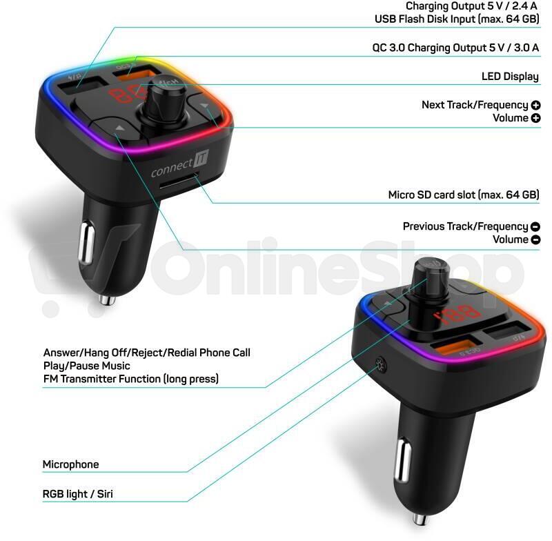CONNECT IT CarRGB Bluetooth transmitter, 2xUSB+MicroSD, černá (CCC-9090-BK)