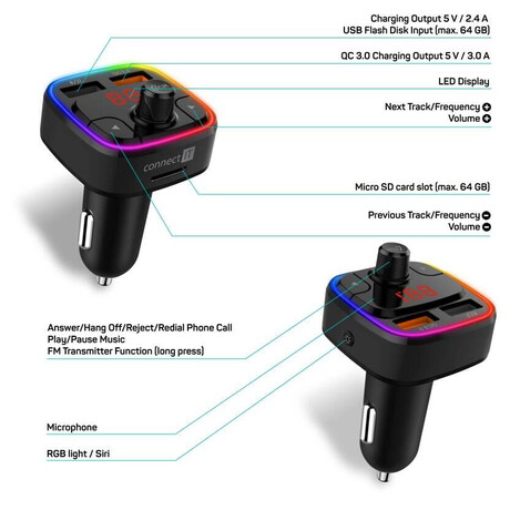 CONNECT IT CarRGB Bluetooth transmitter, 2xUSB+MicroSD, černá (CCC-9090-BK)