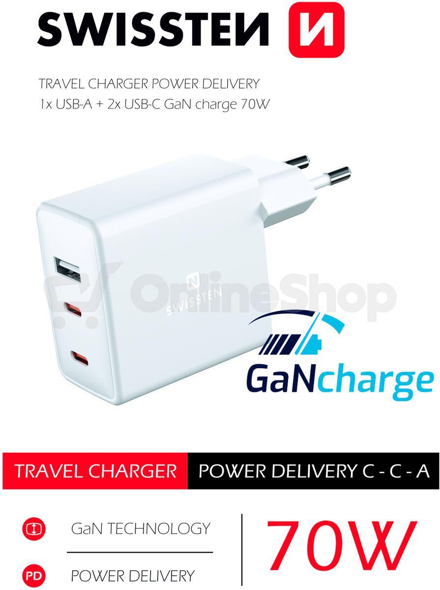 SWISSTEN SÍŤOVÝ ADAPTÉR GaN 2x USB-C + 1x USB 70W