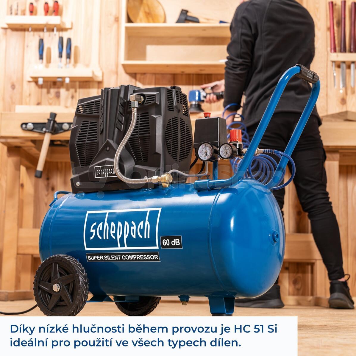 Tichý bezolejový dvouválcový kompresor Scheppach HC 51 Si, 50 l